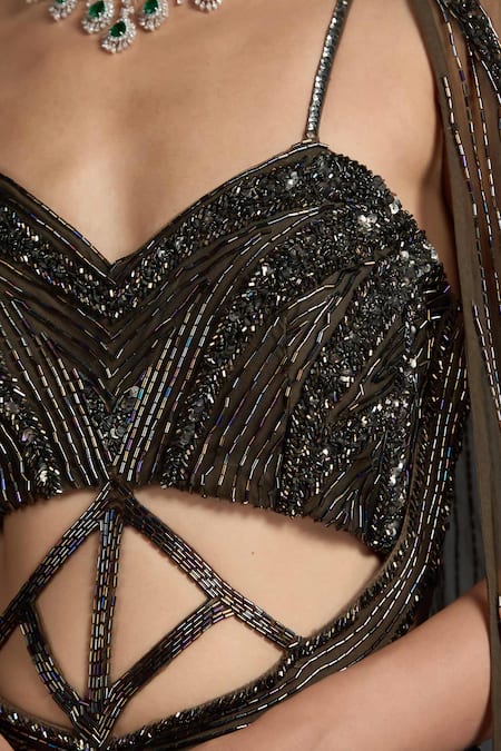 Shop_Chaashni By Maansi And Ketan_Green Net Cut Work Sweetheart Neck Bead Embroidered Fishcut Gown With Cape _Online_at_Aza_Fashions