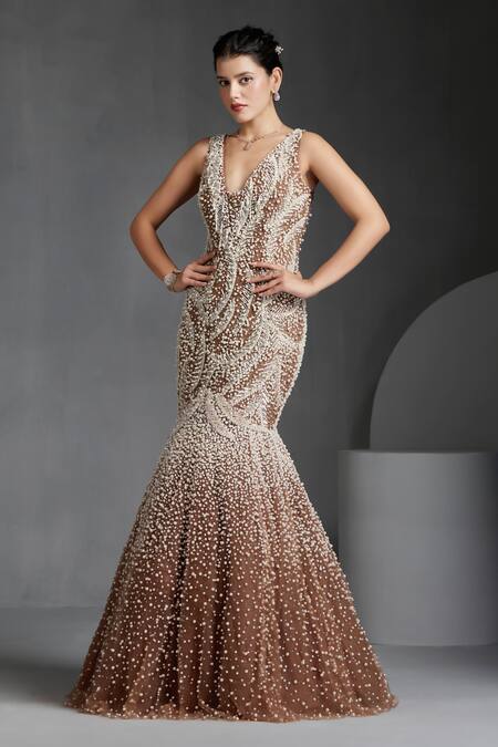 Chaashni By Maansi And Ketan_Brown Net Pearls, Cut Work, Beads V-neck Embroidered Fishcut Gown With Dupatta _Online_at_Aza_Fashions
