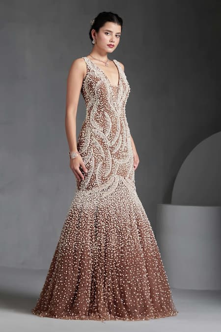 Buy_Chaashni By Maansi And Ketan_Brown Net Pearls, Cut Work, Beads V-neck Embroidered Fishcut Gown With Dupatta _Online_at_Aza_Fashions