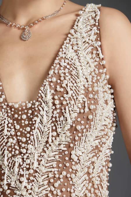 Shop_Chaashni By Maansi And Ketan_Brown Net Pearls, Cut Work, Beads V-neck Embroidered Fishcut Gown With Dupatta _Online_at_Aza_Fashions