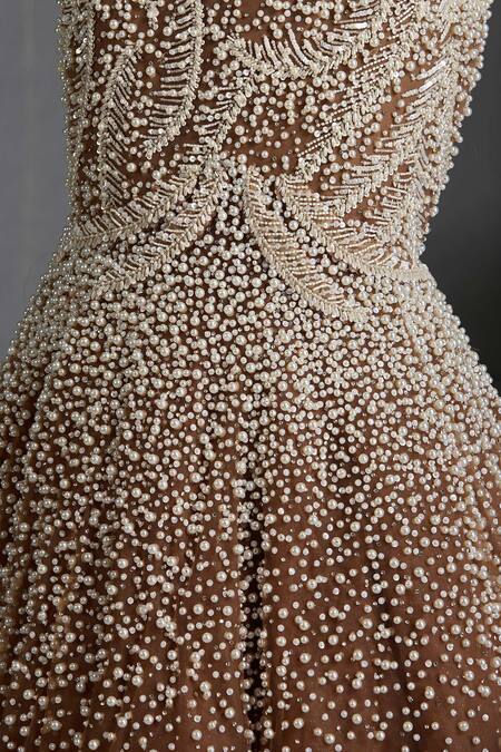 Chaashni By Maansi And Ketan_Brown Net Pearls, Cut Work, Beads V-neck Embroidered Fishcut Gown With Dupatta _at_Aza_Fashions
