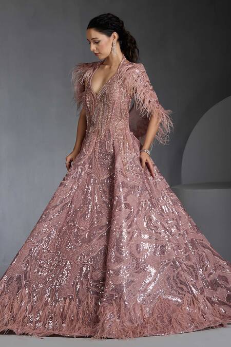 Chaashni By Maansi And Ketan_Pink Net Pearls, Sequins V-neck Swarovski Embroidered Gown With Cape _Online_at_Aza_Fashions