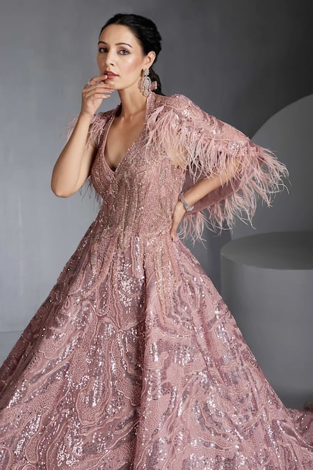 Buy_Chaashni By Maansi And Ketan_Pink Net Pearls, Sequins V-neck Swarovski Embroidered Gown With Cape _Online_at_Aza_Fashions