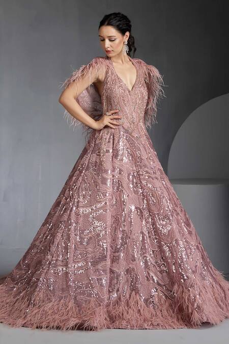 Shop_Chaashni By Maansi And Ketan_Pink Net Pearls, Sequins V-neck Swarovski Embroidered Gown With Cape _Online_at_Aza_Fashions