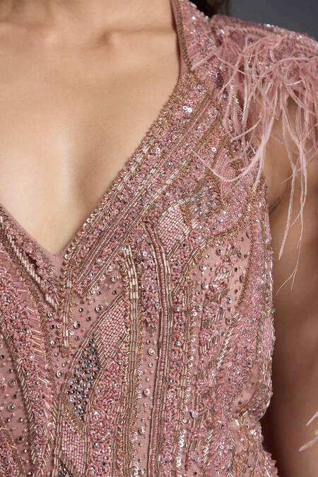 Chaashni By Maansi And Ketan_Pink Net Pearls, Sequins V-neck Swarovski Embroidered Gown With Cape _at_Aza_Fashions