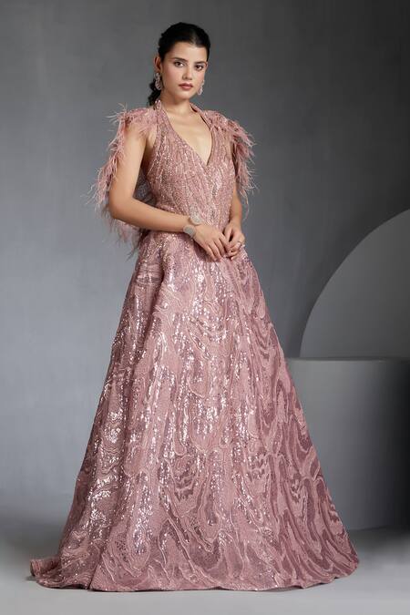 Buy_Chaashni By Maansi And Ketan_Pink Net Pearls, Sequins, Stones V-neck Abstract Embroidered Gown With Cape _Online_at_Aza_Fashions
