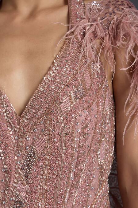 Shop_Chaashni By Maansi And Ketan_Pink Net Pearls, Sequins, Stones V-neck Abstract Embroidered Gown With Cape _Online_at_Aza_Fashions