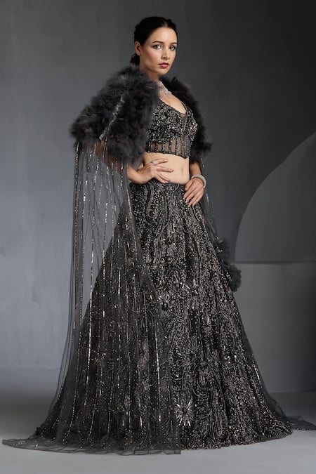 Chaashni By Maansi And Ketan_Grey Net, Silk Sequins, Cut Work Sweetheart Embroidered Lehenga Set With Cape_Online_at_Aza_Fashions