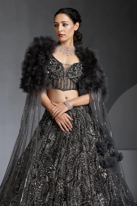 Buy_Chaashni By Maansi And Ketan_Grey Net, Silk Sequins, Cut Work Sweetheart Embroidered Lehenga Set With Cape_Online_at_Aza_Fashions