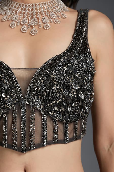 Shop_Chaashni By Maansi And Ketan_Grey Net, Silk Sequins, Cut Work Sweetheart Embroidered Lehenga Set With Cape_Online_at_Aza_Fashions