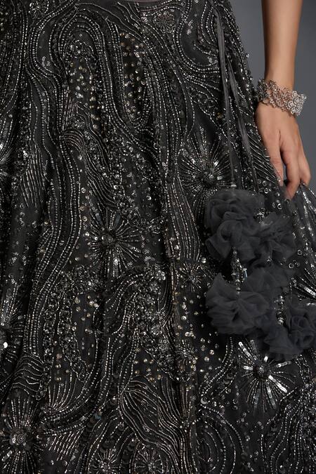 Chaashni By Maansi And Ketan_Grey Net, Silk Sequins, Cut Work Sweetheart Embroidered Lehenga Set With Cape_at_Aza_Fashions