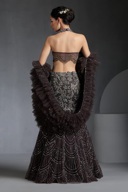 Shop Chaashni By Maansi And Ketan Grey Net Sequins, Beads Halter Neck Embroidered Fishcut Lehenga Set at Aza Fashions Shop_Chaashni By Maansi And Ketan_Grey Net Sequins, Beads Halter Neck Embroidered Fishcut Lehenga Set _at_Aza_Fashions
