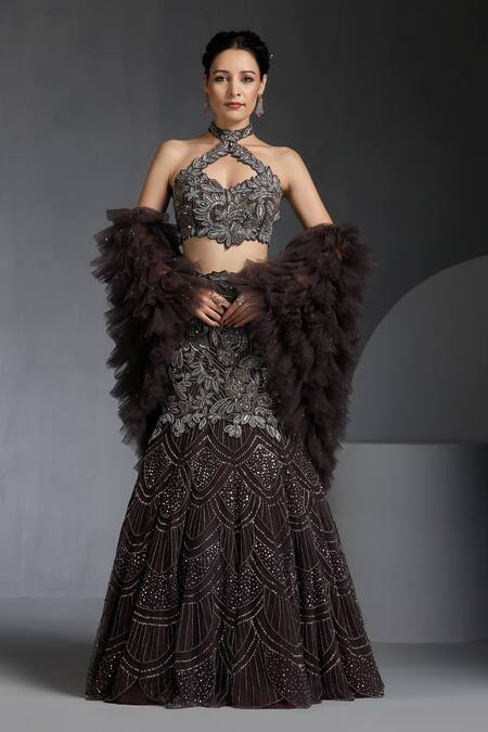 Chaashni By Maansi And Ketan Grey Net Sequins, Beads Halter Neck Embroidered Fishcut Lehenga Set Online at Aza Fashions Chaashni By Maansi And Ketan_Grey Net Sequins, Beads Halter Neck Embroidered Fishcut Lehenga Set _Online_at_Aza_Fashions