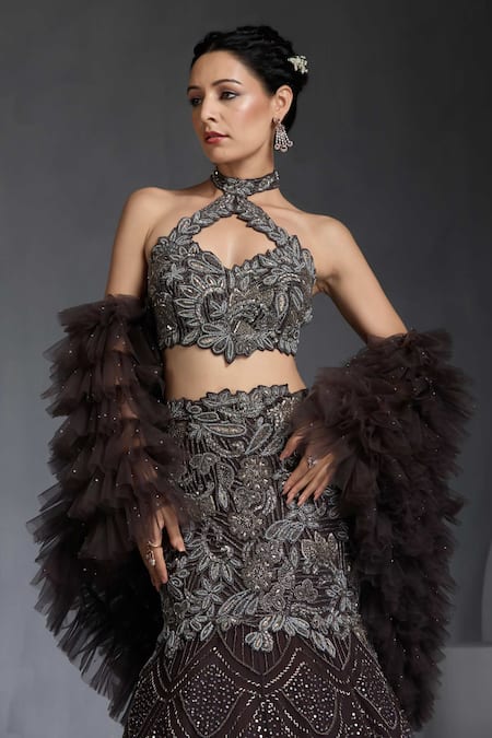 Shop Chaashni By Maansi And Ketan Grey Net Sequins, Beads Halter Neck Embroidered Fishcut Lehenga Set Online at Aza Fashions Shop_Chaashni By Maansi And Ketan_Grey Net Sequins, Beads Halter Neck Embroidered Fishcut Lehenga Set _Online_at_Aza_Fashions