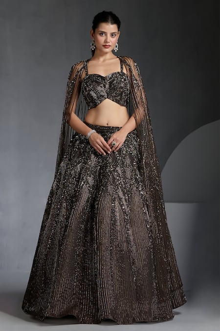 Chaashni By Maansi And Ketan Green Organza, Net Cut Work, Sequins, Cutdana Embroidered Lehenga Set With Cape 