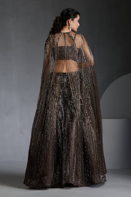 Shop Chaashni By Maansi And Ketan Green Organza, Net Cut Work, Sequins, Cutdana Embroidered Lehenga Set With Cape at Aza Fashions Shop_Chaashni By Maansi And Ketan_Green Organza, Net Cut Work, Sequins, Cutdana Embroidered Lehenga Set With Cape _at_Aza_Fashions