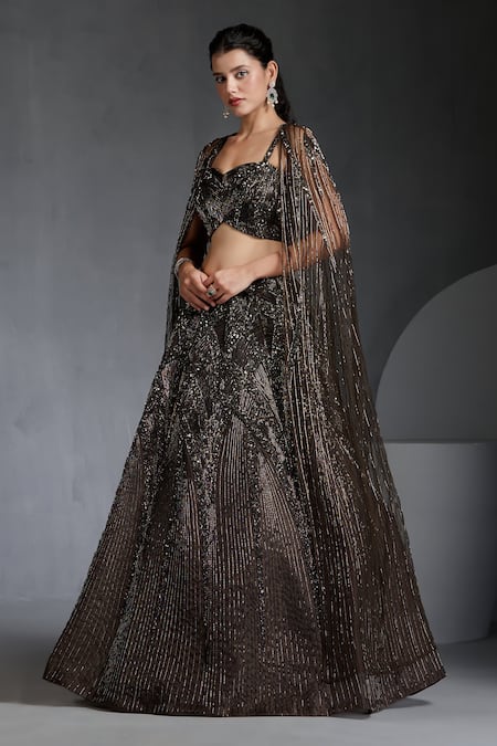 Chaashni By Maansi And Ketan Green Organza, Net Cut Work, Sequins, Cutdana Embroidered Lehenga Set With Cape Online at Aza Fashions Chaashni By Maansi And Ketan_Green Organza, Net Cut Work, Sequins, Cutdana Embroidered Lehenga Set With Cape _Online_at_Aza_Fashions