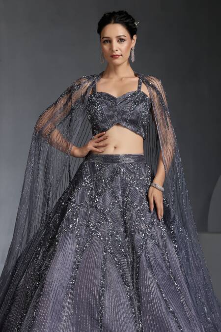 Chaashni By Maansi And Ketan_Grey Organza, Net Cut Work, Sequins Nalki Embroidered Lehenga Set With Cape_Online_at_Aza_Fashions