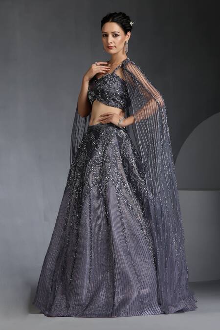 Buy_Chaashni By Maansi And Ketan_Grey Organza, Net Cut Work, Sequins Nalki Embroidered Lehenga Set With Cape_Online_at_Aza_Fashions