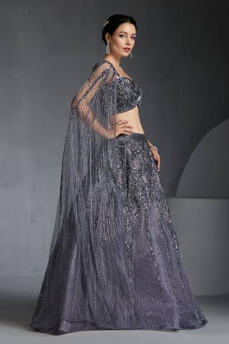 Shop_Chaashni By Maansi And Ketan_Grey Organza, Net Cut Work, Sequins Nalki Embroidered Lehenga Set With Cape_Online_at_Aza_Fashions