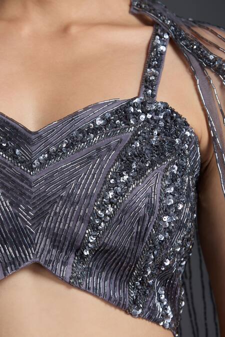 Chaashni By Maansi And Ketan_Grey Organza, Net Cut Work, Sequins Nalki Embroidered Lehenga Set With Cape_at_Aza_Fashions