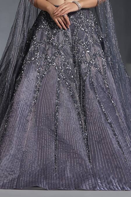 Buy_Chaashni By Maansi And Ketan_Grey Organza, Net Cut Work, Sequins Nalki Embroidered Lehenga Set With Cape