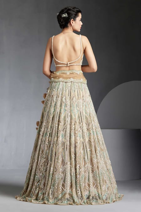 Shop Chaashni By Maansi And Ketan Gold Net Sequins, Beads, Cut Work Embroidered Lehenga Blouse Set at Aza Fashions Shop_Chaashni By Maansi And Ketan_Gold Net Sequins, Beads, Cut Work Embroidered Lehenga Blouse Set _at_Aza_Fashions