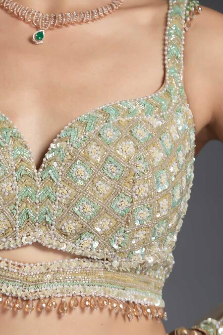 Buy Chaashni By Maansi And Ketan Gold Net Sequins, Beads, Cut Work Embroidered Lehenga Blouse Set Buy_Chaashni By Maansi And Ketan_Gold Net Sequins, Beads, Cut Work Embroidered Lehenga Blouse Set