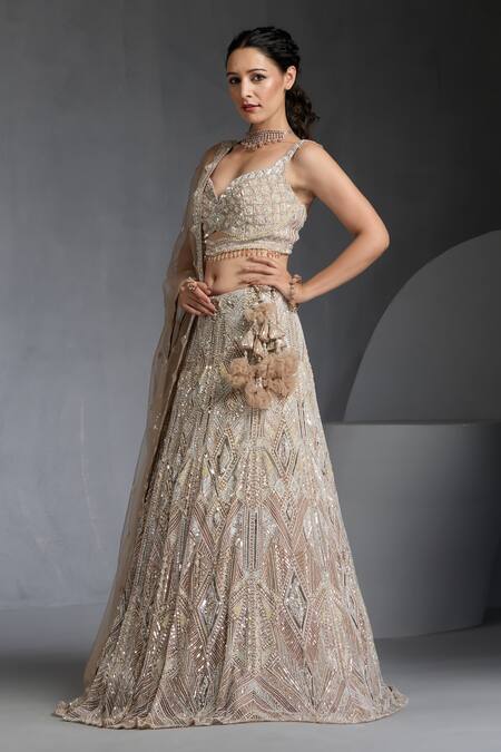 Chaashni By Maansi And Ketan_Brown Net Sequins, Beads Asymmetric Cutdana Embroidered Lehenga Blouse Set _Online_at_Aza_Fashions