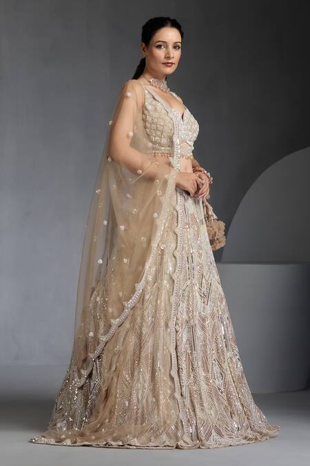 Buy_Chaashni By Maansi And Ketan_Brown Net Sequins, Beads Asymmetric Cutdana Embroidered Lehenga Blouse Set _Online_at_Aza_Fashions