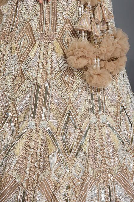 Shop_Chaashni By Maansi And Ketan_Brown Net Sequins, Beads Asymmetric Cutdana Embroidered Lehenga Blouse Set _Online_at_Aza_Fashions