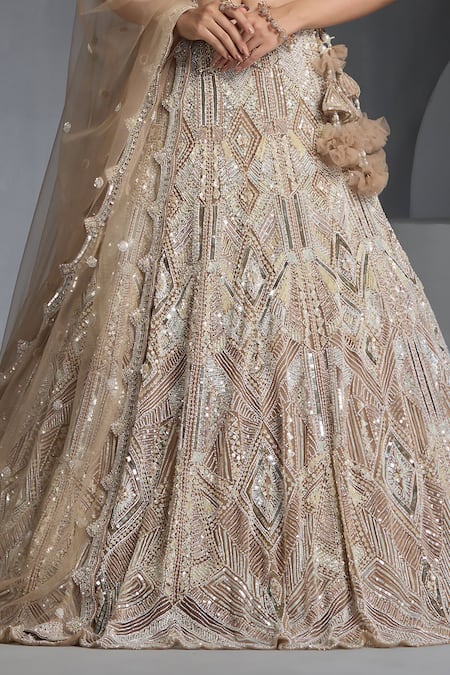 Buy_Chaashni By Maansi And Ketan_Brown Net Sequins, Beads Asymmetric Cutdana Embroidered Lehenga Blouse Set 