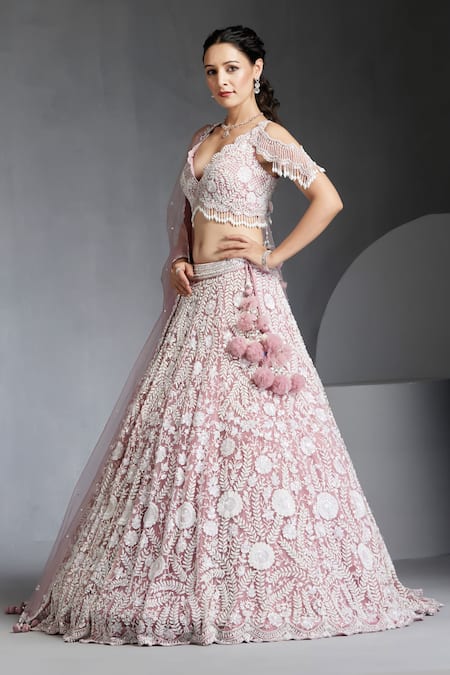 Chaashni By Maansi And Ketan_Purple Net Sequins, Pearls Plunge Neck Floral Embroidered Lehenga Blouse Set _Online_at_Aza_Fashions