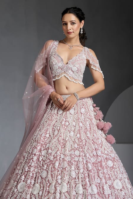 Buy_Chaashni By Maansi And Ketan_Purple Net Sequins, Pearls Plunge Neck Floral Embroidered Lehenga Blouse Set _Online_at_Aza_Fashions