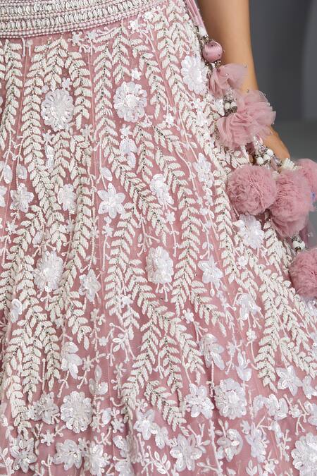 Chaashni By Maansi And Ketan_Purple Net Sequins, Pearls Plunge Neck Floral Embroidered Lehenga Blouse Set _at_Aza_Fashions