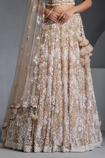 Chaashni By Maansi And Ketan_Brown Net Cut Work, Sequins, Pearls Floral Veli Embroidered Lehenga Set _Online_at_Aza_Fashions