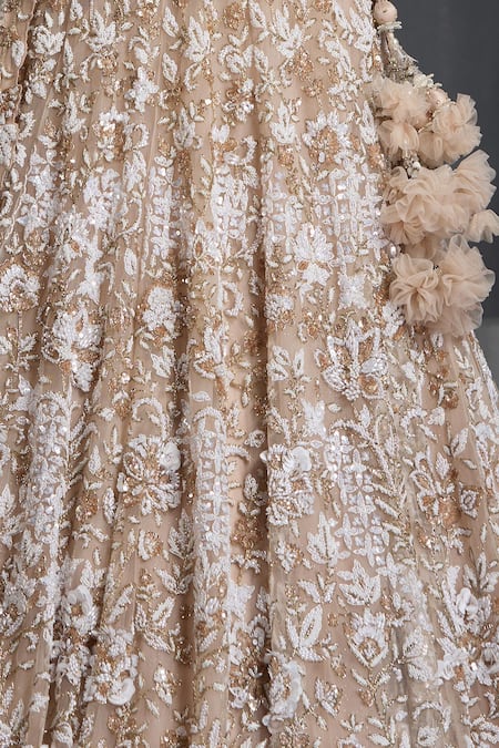 Buy_Chaashni By Maansi And Ketan_Brown Net Cut Work, Sequins, Pearls Floral Veli Embroidered Lehenga Set _Online_at_Aza_Fashions