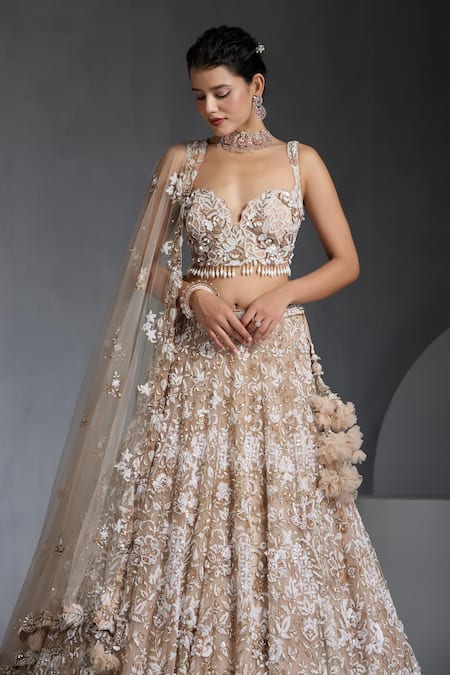 Shop_Chaashni By Maansi And Ketan_Brown Net Cut Work, Sequins, Pearls Floral Veli Embroidered Lehenga Set _Online_at_Aza_Fashions