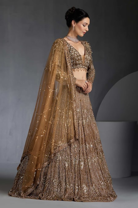 Chaashni By Maansi And Ketan_Gold Net Sequins, Cut Work Plunge Neck Zircons Embroidered Lehenga Set _Online_at_Aza_Fashions