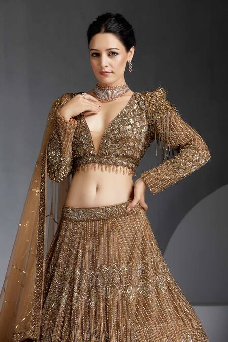 Buy_Chaashni By Maansi And Ketan_Gold Net Sequins, Cut Work Plunge Neck Zircons Embroidered Lehenga Set _Online_at_Aza_Fashions