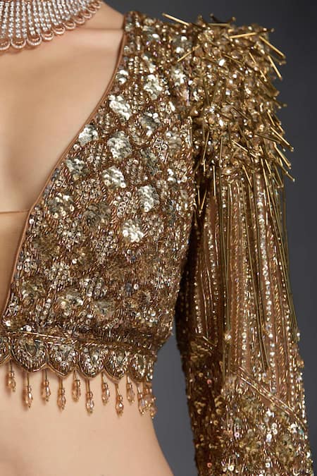 Shop_Chaashni By Maansi And Ketan_Gold Net Sequins, Cut Work Plunge Neck Zircons Embroidered Lehenga Set _Online_at_Aza_Fashions