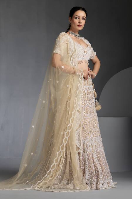Shop_Chaashni By Maansi And Ketan_Ivory Net Pearls, Sequins, Stones Round Neck Embroidered Lehenga Blouse Set _Online_at_Aza_Fashions