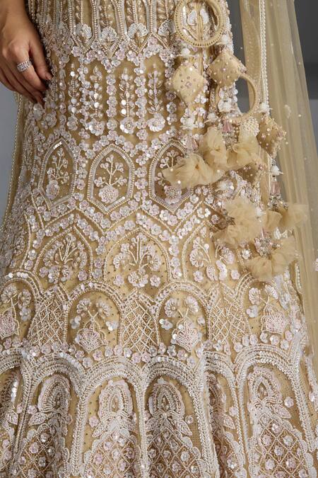 Buy_Chaashni By Maansi And Ketan_Ivory Net Pearls, Sequins, Stones Round Neck Embroidered Lehenga Blouse Set 