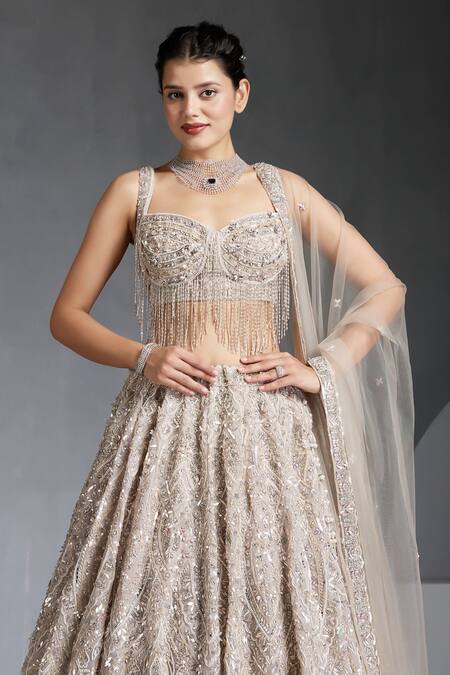 Chaashni By Maansi And Ketan_Grey Organza, Net Cut Work, Scallop Cutdana Embellished Bridal Lehenga Set _Online_at_Aza_Fashions
