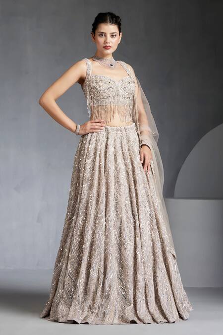 Buy_Chaashni By Maansi And Ketan_Grey Organza, Net Cut Work, Scallop Cutdana Embellished Bridal Lehenga Set _Online_at_Aza_Fashions