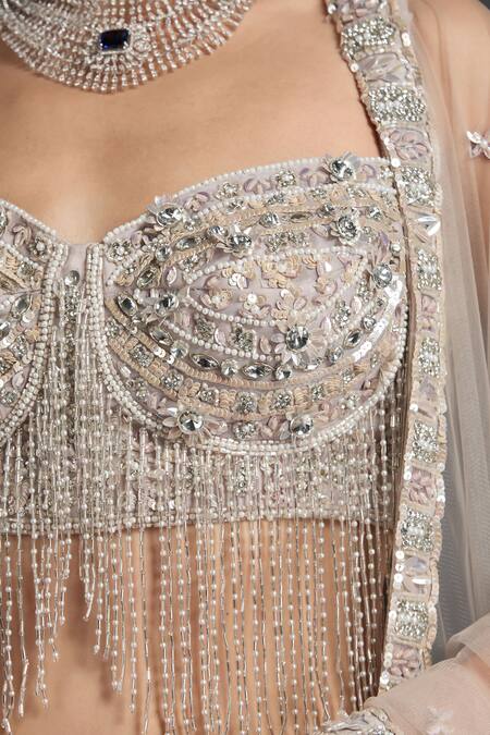 Shop_Chaashni By Maansi And Ketan_Grey Organza, Net Cut Work, Scallop Cutdana Embellished Bridal Lehenga Set _Online_at_Aza_Fashions