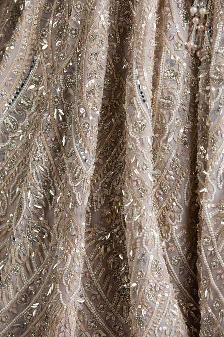 Chaashni By Maansi And Ketan_Grey Organza, Net Cut Work, Scallop Cutdana Embellished Bridal Lehenga Set _at_Aza_Fashions