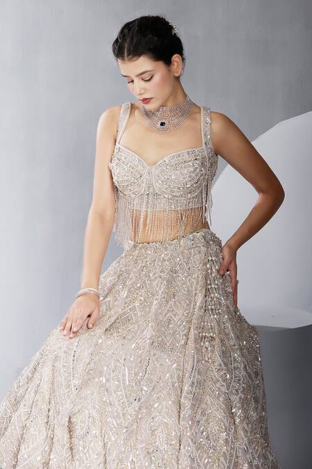 Buy_Chaashni By Maansi And Ketan_Grey Organza, Net Cut Work, Scallop Cutdana Embellished Bridal Lehenga Set 