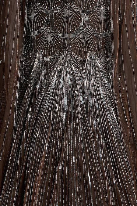 Chaashni By Maansi And Ketan_Brown Net Sequins, Stones, Beads Scallop Embellished Mermaid Lehenga Set _Online_at_Aza_Fashions