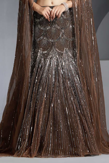 Buy_Chaashni By Maansi And Ketan_Brown Net Sequins, Stones, Beads Scallop Embellished Mermaid Lehenga Set _Online_at_Aza_Fashions